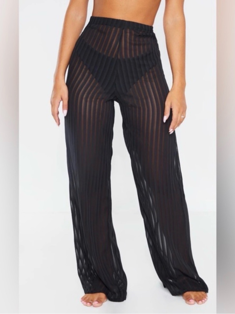 Black Sheer Striped Wide-Leg Swim Cover